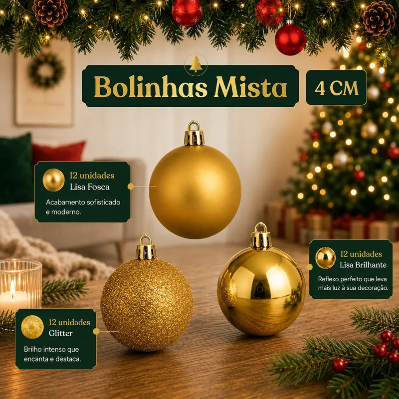 Kit de 100 Bolas de Natal Douradas com Estrela e Maleta