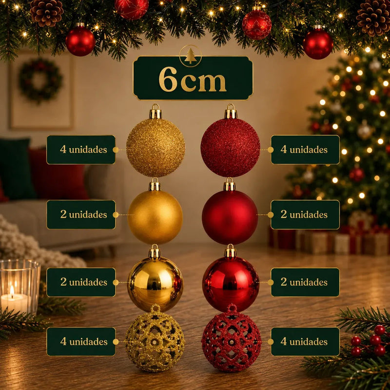 Kit de 100 Bolas de Natal Vermelhas e Douradas com Estrela