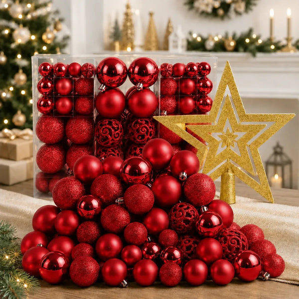 Kit de 100 Bolas de Natal Vermelhas com Estrela e Maleta