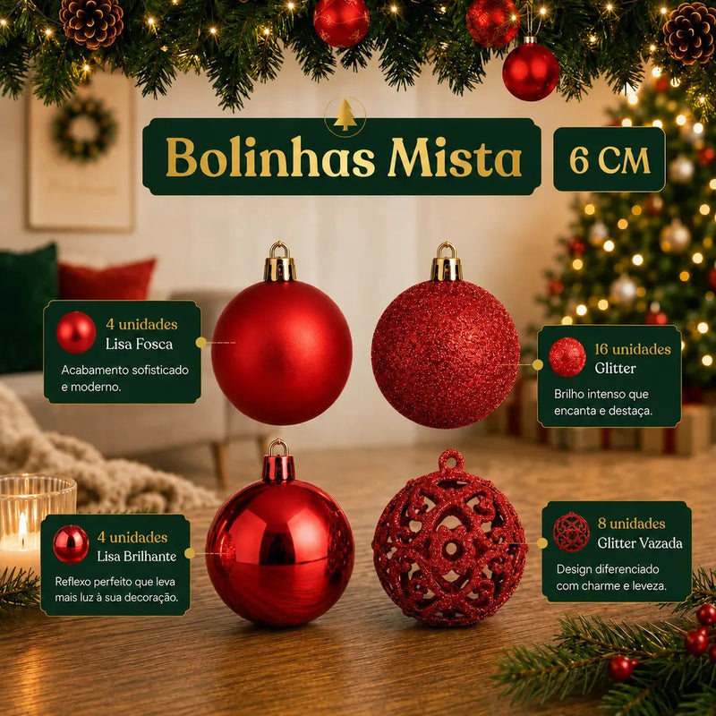 Kit de 100 Bolas de Natal Vermelhas com Estrela e Maleta