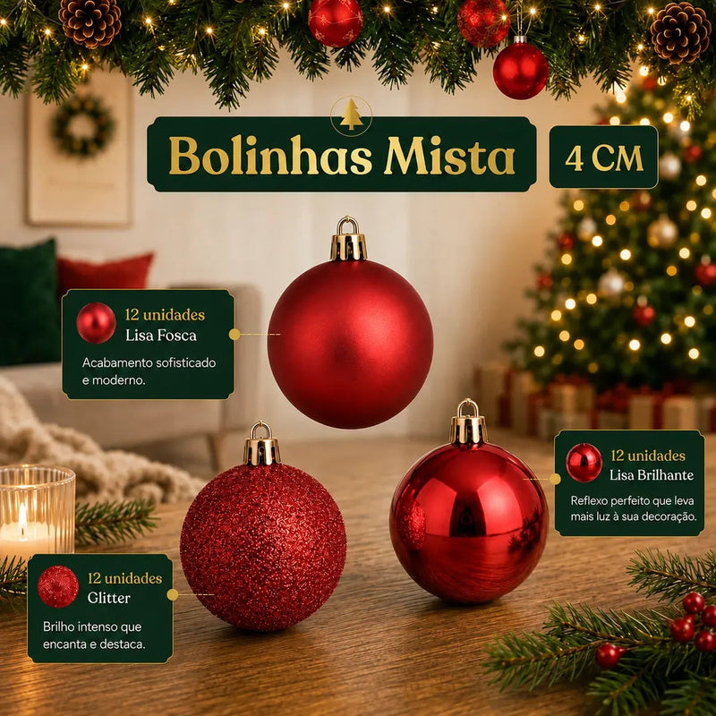 Kit de 100 Bolas de Natal Vermelhas com Estrela e Maleta
