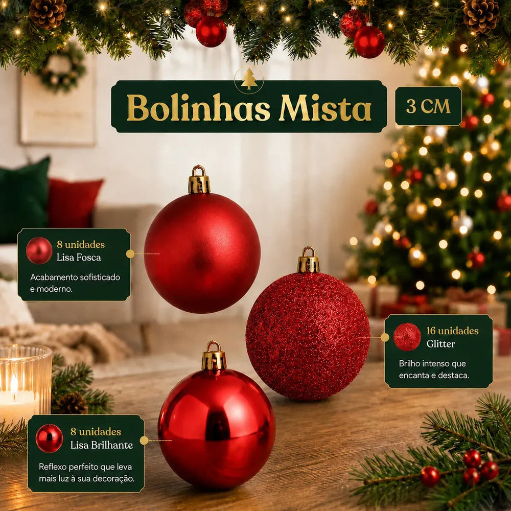 Kit de 100 Bolas de Natal Vermelhas com Estrela e Maleta