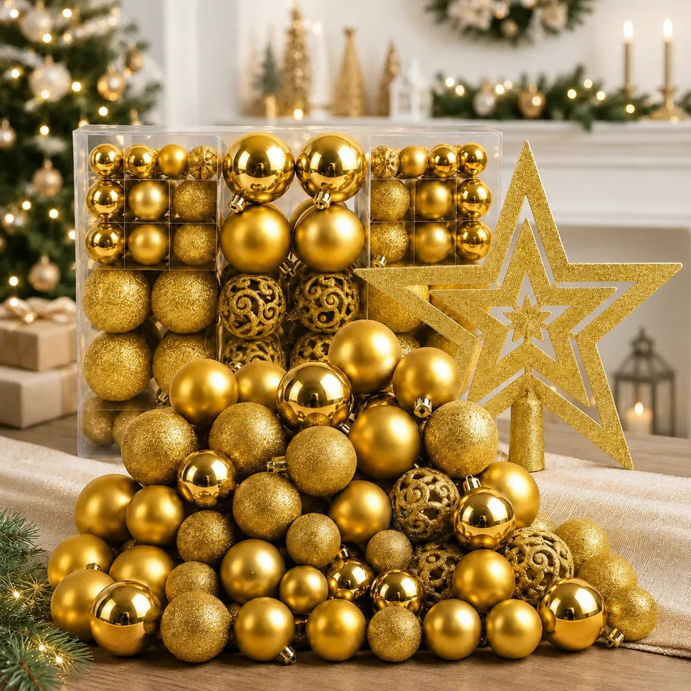 Kit de 100 Bolas de Natal Douradas com Estrela e Maleta