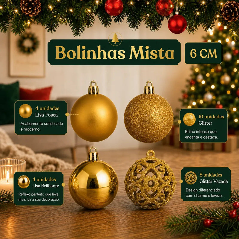 Kit de 100 Bolas de Natal Douradas com Estrela e Maleta