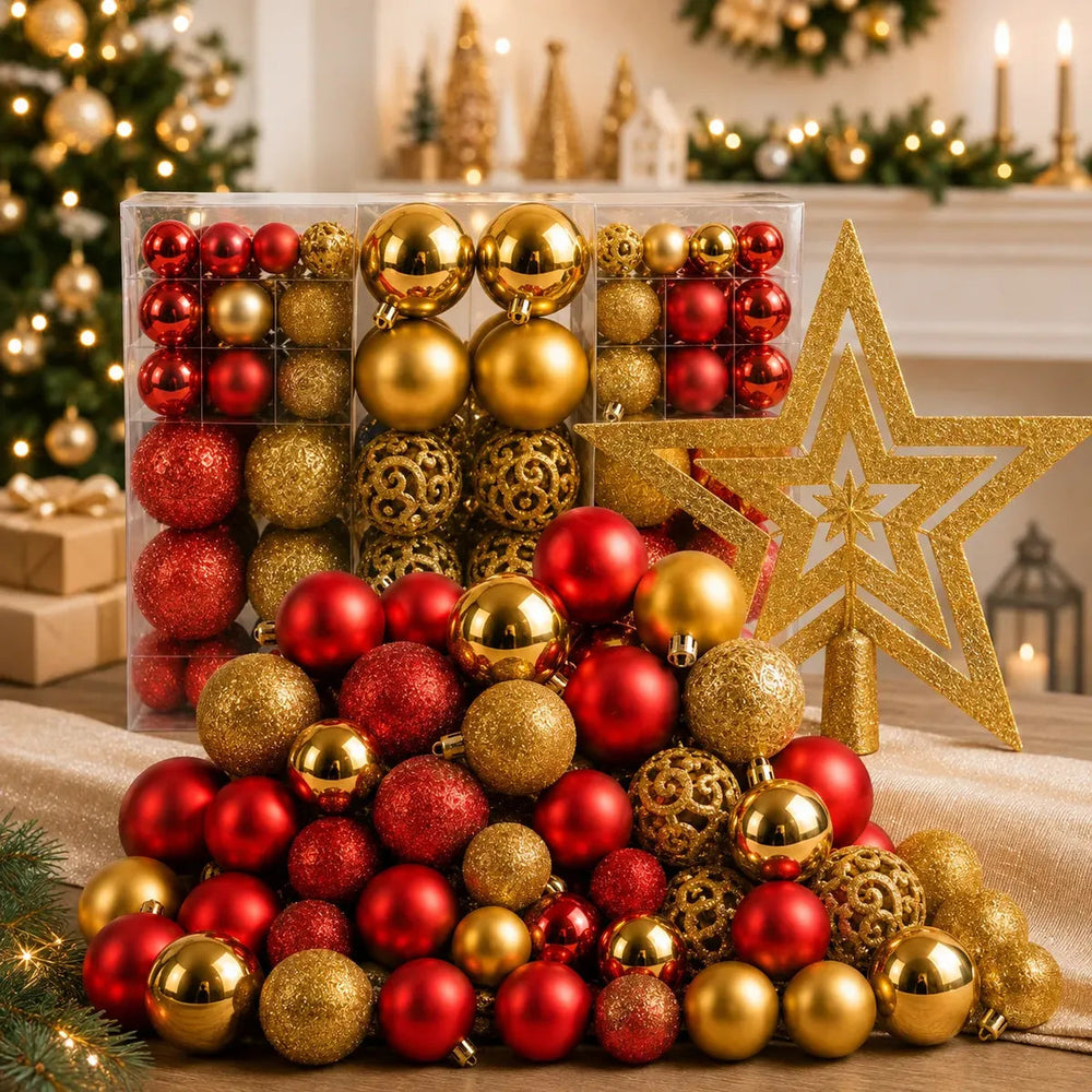 Kit de 100 Bolas de Natal Vermelhas e Douradas com Estrela