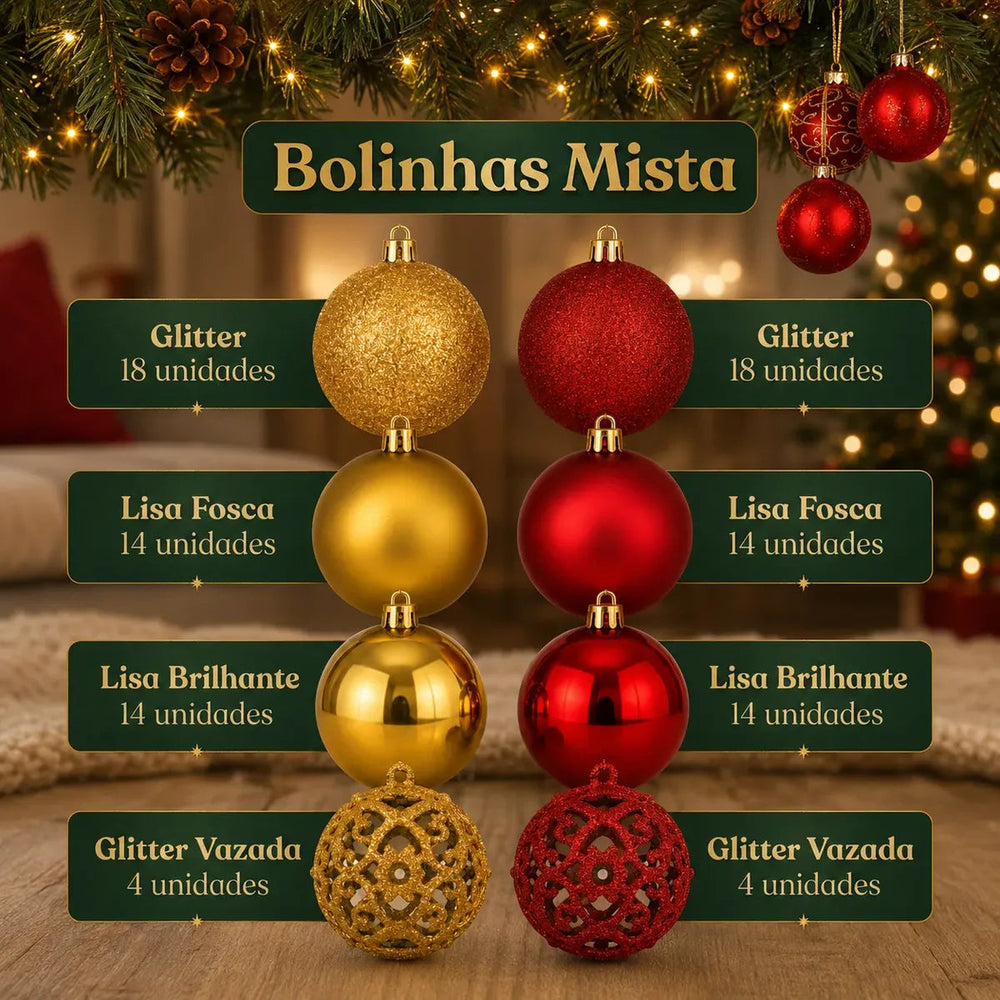 Kit de 100 Bolas de Natal Vermelhas e Douradas com Estrela