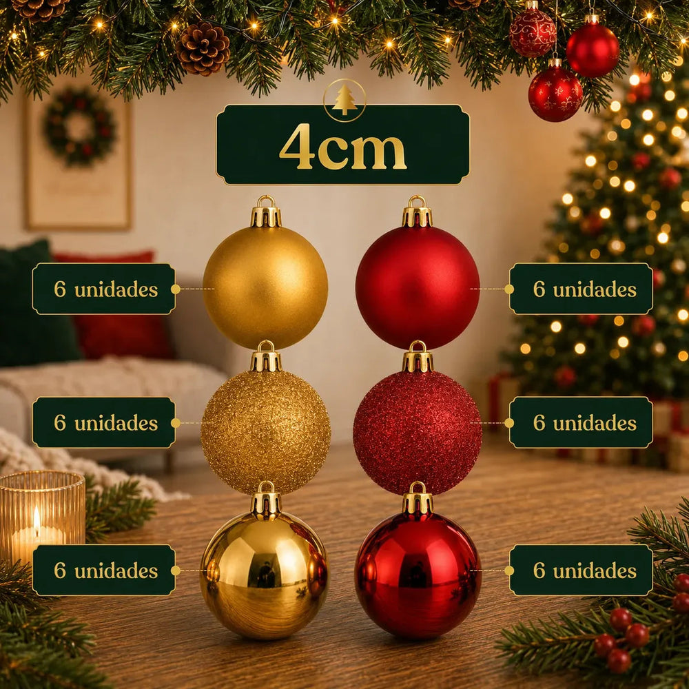Kit de 100 Bolas de Natal Vermelhas e Douradas com Estrela